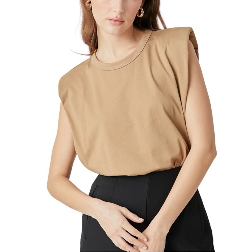 Endless Rose Revolve Shoulder Pad Jersey Taupe Sleeveless Crewneck Top T-Shirt